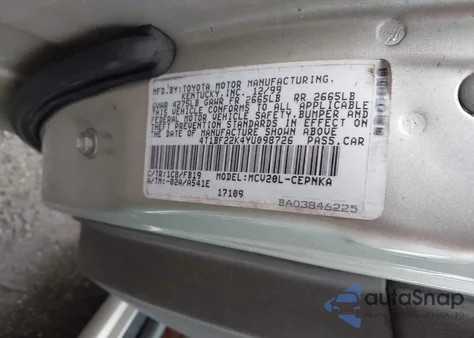 2000 Toyota Camry Le V6 из США, поврежденный, VIN 4T1BF22K4YU098726